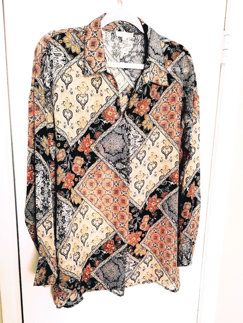 Sheer Printed Long-Sleeve Shirt — Caramel, Black & Cream Patchwork